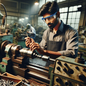 Indian Man working with leth machine in workshop