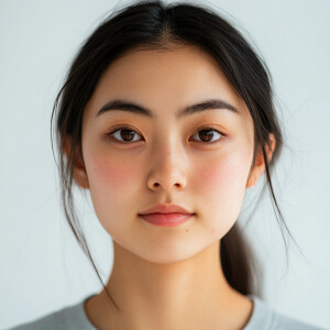 Create an image of a 19-year-old Japanese woman with a clean fac...