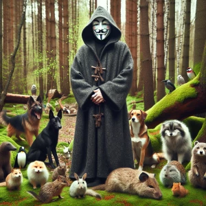 Guy Fawkes character dressed in black hoodie made of of felt sur...