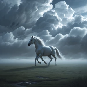 A ghostly horse materializes from the billowing clouds overhead,...