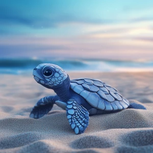 A photorealistic baby sea turtle crawling on soft sand at sunris...