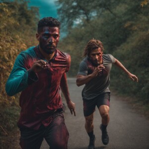 Zombie chasing a handsome, athletic man.