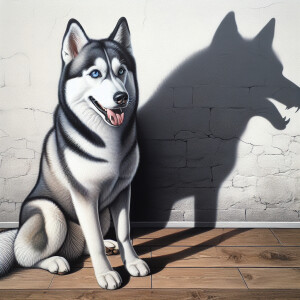 Hyper realistic image of a husky sitting near a wall, his shadow...