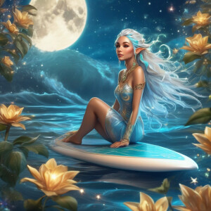 adorable happy female elf fairy water trolls riding a wave on a...