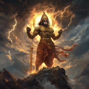 Lord Hanuman, Hindu deity, mighty monkey god, standing tall on a...