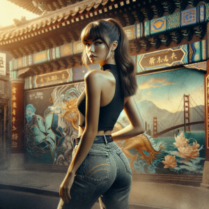 Athletic Thin skinny Attractive, Asian teenage girl, long brown hair and bangs, wearing tight skinny jeans and a halter top paint marks on her clothing, heroic pose Asian graffiti background, backside view