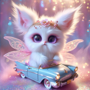 Imagine a whimsical, fluffy creature with large, sparkling purpl...