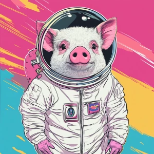 Cute cartoon pig with CAT face in vintage white spacesuit and NA...