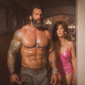 Create a hyperrealistic oil painting of a muscular, bearded, and...
