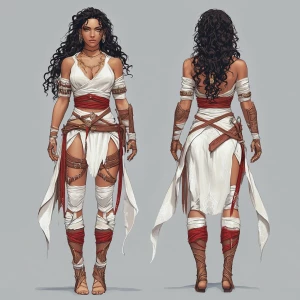 A powerful female warrior character design, front and back view,...