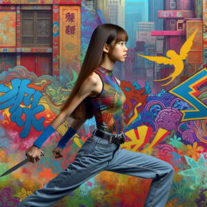 Very thin Athletic Thin skinny Attractive, Asian teenage girl, long brown hair and bangs, wearing tight skinny jeans and a halter top paint marks on her clothing, sitting side view heroic pose Asian graffiti