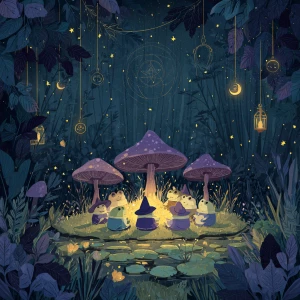 a dreamy cottagecore illustration of a forest clearing at night...