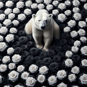 A striking image of a white polar bear surrounded by a bed of bl...
