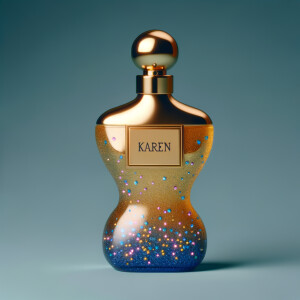 Create a 3-D realistic gold and  blue, colorful jewels perfume bottle
In the shape of a women’s body with the name Karen