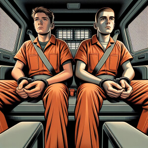 Two Caucasian males, aged 13 to 15, their hands and arms behind...