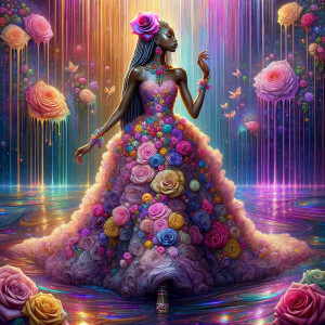 Remix Prompt
S/O Jackie Torres
S/O Panda Locke

create a animated style hyper realistic airbrush whimsical oil painting of a light African American woman wearing a flawless beautiful purple, pink, and gold blossom dress long flowing with colorful flowers and ruffles on the dress colorful jewelry made of flowers she has long black dreadlocks in a bun a colorful rose in her hair her peep toe shoes is matching her dress behind her is a beautiful waterfall liquid glowing lights beautiful colorful rainbow surrounded by beautiful roses.