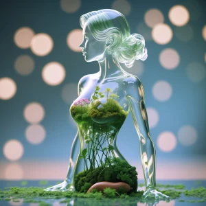 A luminous, transparent glass woman and man figure in EMS  train...