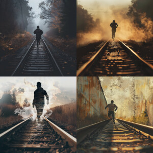 Толстый человек бегущий по рельсам от поезда