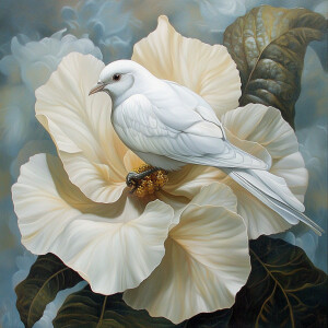 Una paloma blanca sentada en una flor y la frase en español 'Dio...