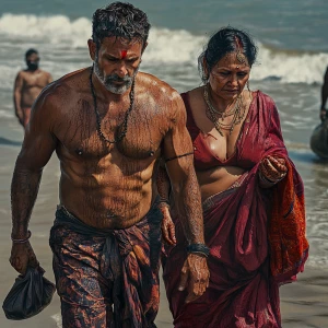 Realism,a muscular sweaty man walking with his 50 years old poo...