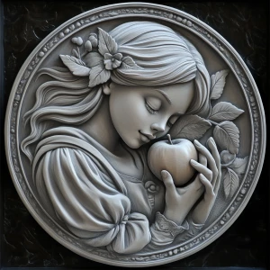 Evil Sleeping Beauty holding an Apple, grayscale 3d bas relief,...