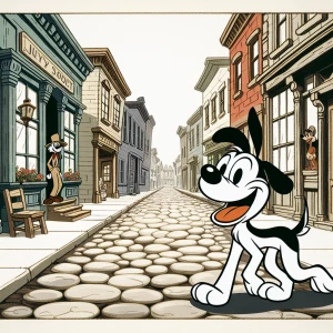 A cheerful dog wagging its tail while standing on a cobblestone street lined with old-fashioned, hand-painted storefronts