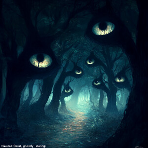 "Haunted forest, ghostly eyes staring."