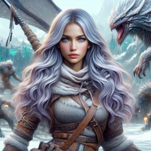 A beautiful huntress from the “Monster Hunter” series with dark...