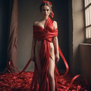 A stunning female, age-24, standing, wrapped in red silk ribbons...