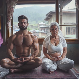 Photorealism,realism,A man muscular beefy sweaty doinga yoga sit...