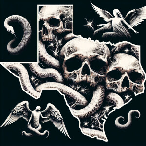 Create a triple exposure artwork capturing Texas' multifaceted s...