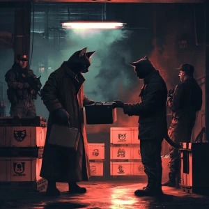 A shady cat in a trench coat exchanging a briefcase with another...