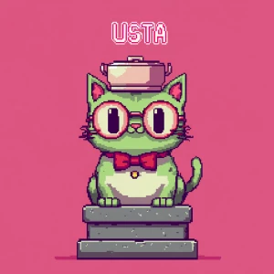 Create a pixel art character of a cute, green cat with a wide sm...