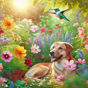 Create an image of a serene garden on a sunny summer day, featur...