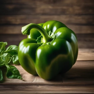 A crisp green bell pepper on a simple wooden table.