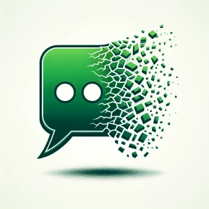 Create a digital illustration of a KiK Messenger group chat icon that gradually disintegrates and shatters into pieces from top to bottom, visually representing its fading into obscurity and forgotten memory.