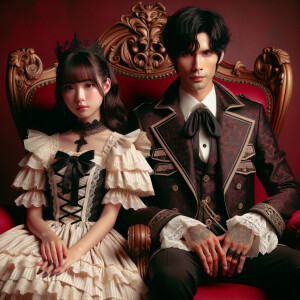 A girl with elegant gothic lolita dress sit beside handsome Lucifer, red background, thrones