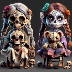 disney-esque creepy dolls with skeleton faces and dia de los Mue...