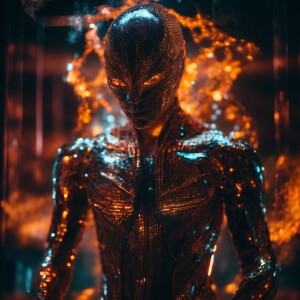 A translucent metallic fire alien with torn flesh falling off bo...