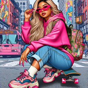 Pretty in pink curvy woman of color long blonde hair tan skin Blasian descent pink gucci hoodie long nails pink sunglasses street art style neon distressed denim jeans Nike dunks gucci backpack skateboarding on the street   pop art style