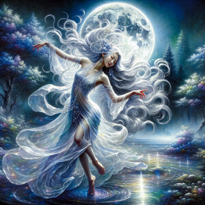 Enveloped in a ethereal mist, a captivating nymph dances in a mo...