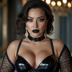 Create a curvy and very busty woman of Ashkenazi, German, English, Scottish, irish, Dutch, Swiss, Nordic, Chinese, Persian, bengali, Korean, Thai, Filipino and Japanese ancestry. Endow her with great intelligence and allure. Give her glossy black lips and glossy black facial makeup.