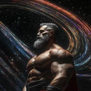 In a cosmic landscape where vibrant energy streams twist across...