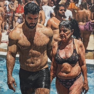 Realism  painting,a muscular beefy sweaty man  walking with his...