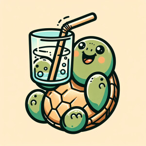 Upside down cartoonish turtle, holding a glass with a straw in i...