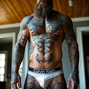 The image shows a heavily tattooed man with a long beard, wearin...