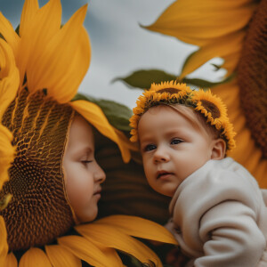 Hd photo of a tiny naked girl and boy on a sunflower