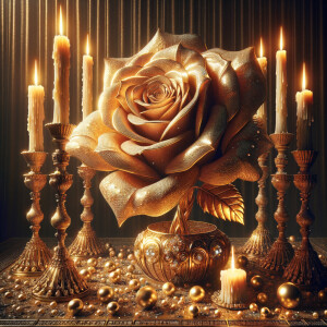 "Envision the scene before you: a majestic rose bathed in the warm glow of candlelight, its petals unfolding like a treasury of pearls and diamonds sparkling in soft illumination. Golden candles stand tall, their flames casting a lustrous sheen that brings out the gold's rich patina.