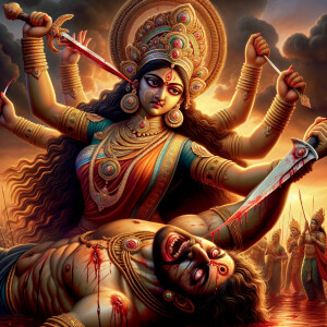 Portrait of angry and gorgeous goddess durga slaying mahishasur by carrying him in her arms and stabbing him with her red long nails. she should wear Gold jewelry all over the body. Mahishasur should have wounds all over his body. mahishasur should be smaller in size compared to Goddess durga. Background is an intense battlefield. reddish hue everywhere and sunset in the background.  Epic scene. 4k, HDR.