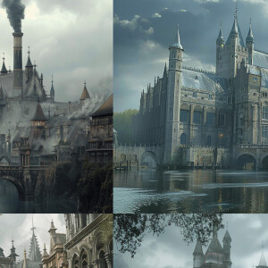 A gothic castle-like factory, with pointed arched windows and tu...